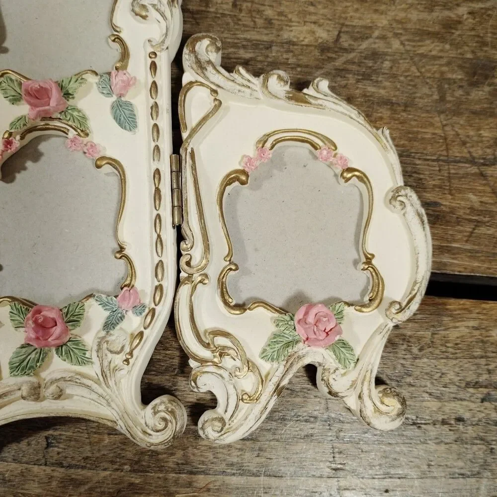 Vintage Victorian Photo Frame Roses Four Photos Floral Flowers Tri Fold Standing